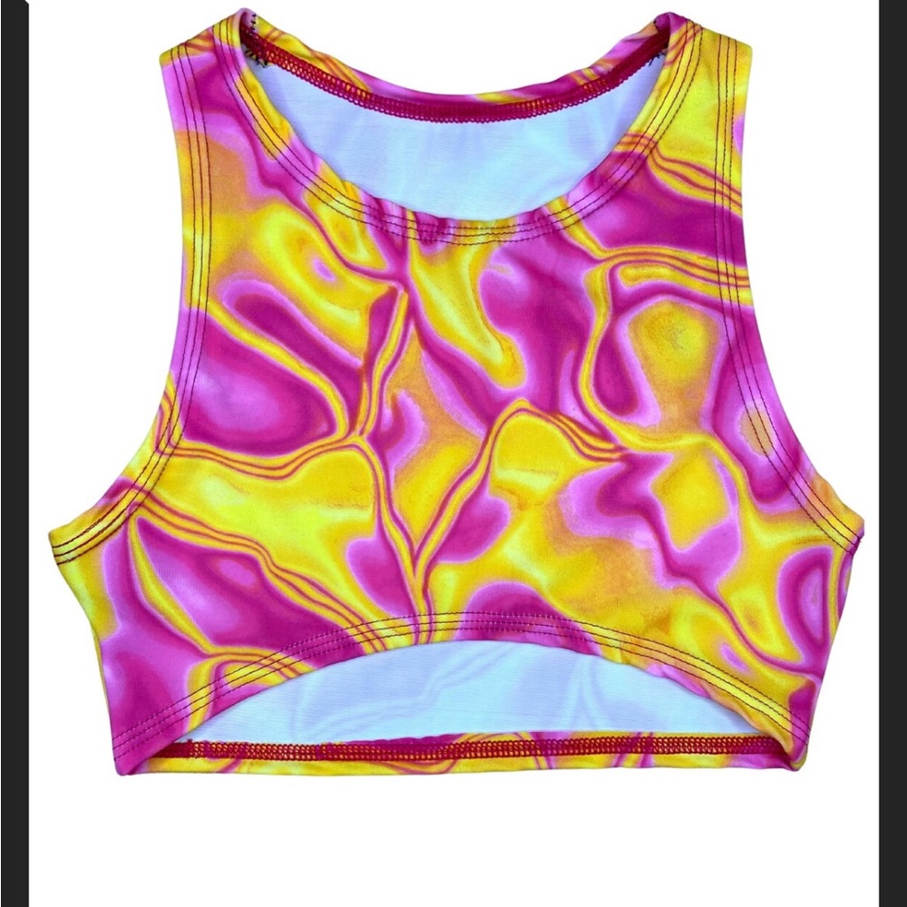 Lava Girl Yellow and Pink matching top, bottom and fingerless gloves.